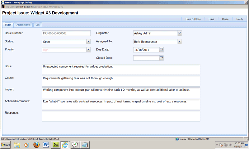 Project issue dashboard